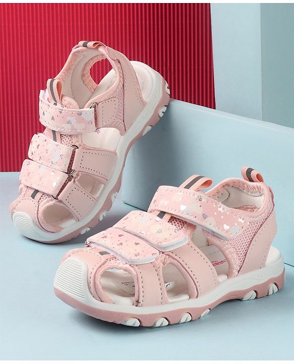 Cute Walk by Babyhug Slip On Hearts Printed Sandals with Velcro Closure - Pink