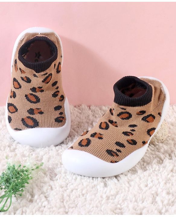 Cute Walk by Babyhug Slip On Socks Shoes with Cheetah Theme Print -  Brown