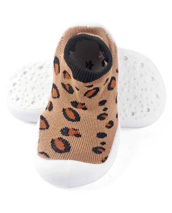 Cute Walk by Babyhug Slip On Socks Shoes with Cheetah Theme Print -  Brown