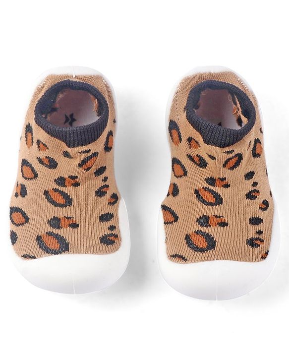 Cute Walk by Babyhug Slip On Socks Shoes with Cheetah Theme Print -  Brown