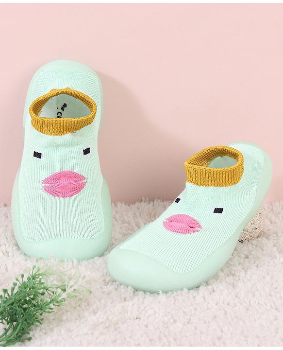 Cute Walk by Babyhug Sock Shoes With Face Design - Green