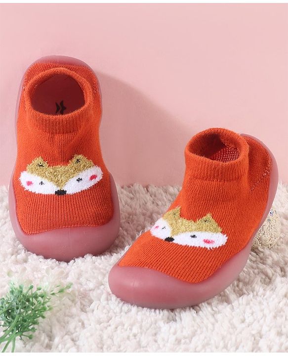 Cute Walk by Babyhug Slip On Socks Shoes with Fox Design - Orange