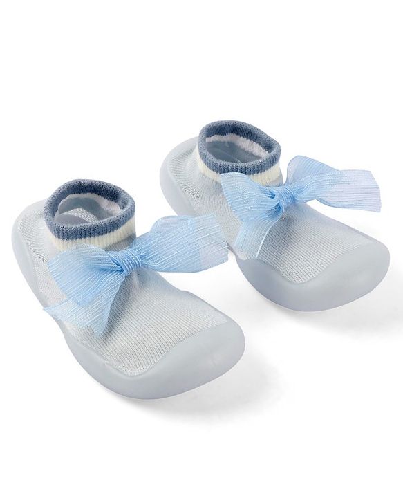 Cute Walk by Babyhug Slip On Socks Shoes with Bow Applique - Blue