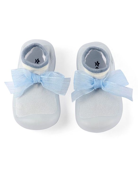 Cute Walk by Babyhug Slip On Socks Shoes with Bow Applique - Blue