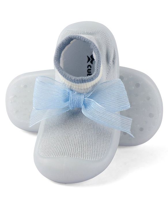 Cute Walk by Babyhug Slip On Socks Shoes with Bow Applique - Blue