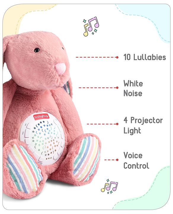 Babyhug Bunny Music Projector Soft Toy - Pink | Plush Bunny With Soothing Light Projector & Lullabies | Perfect Bedtime Companion That Comforts & Relaxes Babies| Height 34cm | BIS Certified