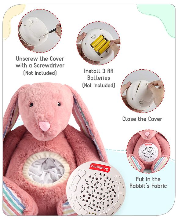 Babyhug Bunny Music Projector Soft Toy - Pink | Plush Bunny With Soothing Light Projector & Lullabies | Perfect Bedtime Companion That Comforts & Relaxes Babies| Height 34cm | BIS Certified