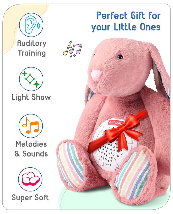 Babyhug Bunny Music Projector Soft Toy - Pink | Plush Bunny With Soothing Light Projector & Lullabies | Perfect Bedtime Companion That Comforts & Relaxes Babies| Height 34cm | BIS Certified