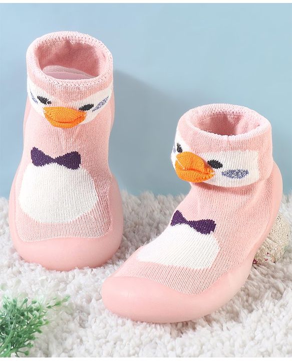Cute Walk by Babyhug Slip On Socks Shoes with Penguin Design - Pink