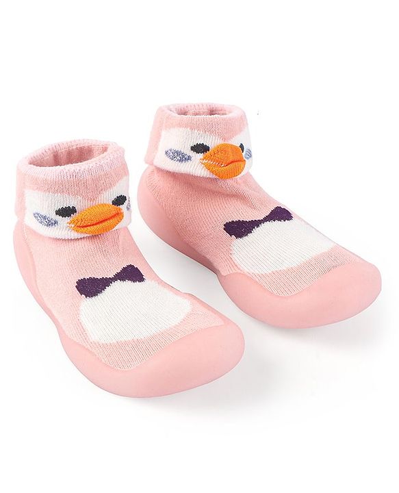 Cute Walk by Babyhug Slip On Socks Shoes with Penguin Design - Pink