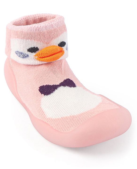 Cute Walk by Babyhug Slip On Socks Shoes with Penguin Design - Pink