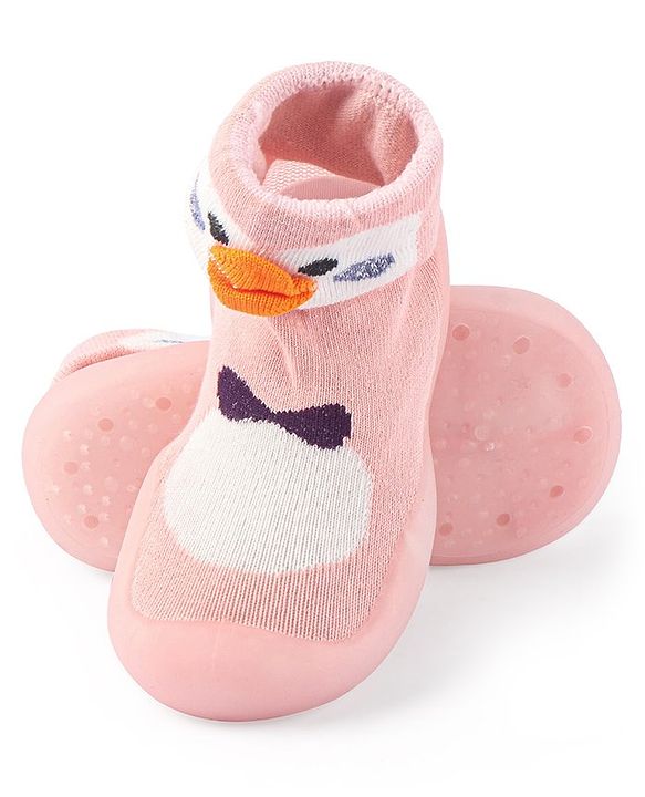 Cute Walk by Babyhug Slip On Socks Shoes with Penguin Design - Pink