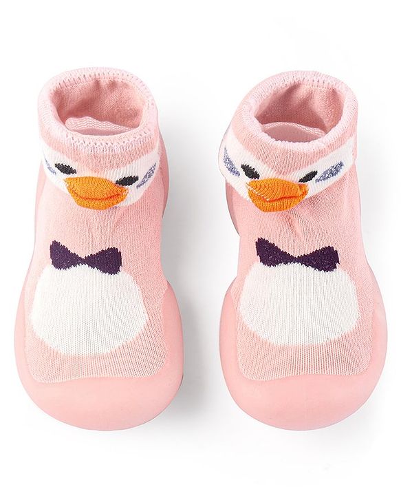 Cute Walk by Babyhug Slip On Socks Shoes with Penguin Design - Pink