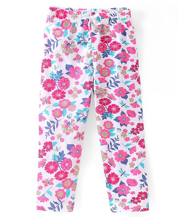 Babyhug Cotton Lycra Knit Full Length Leggings with Floral Glitter Print - Pink