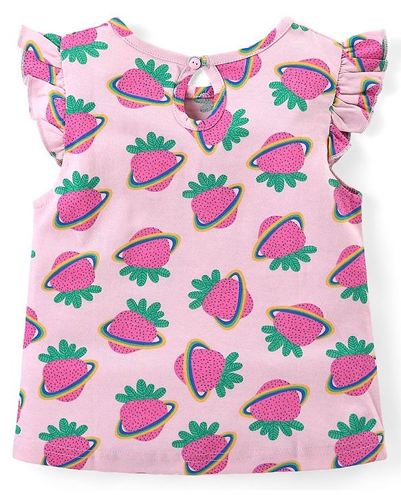 Babyhug Cotton Knit Flutter Sleeves Capri Night Suit With Strawberry Print - Pink