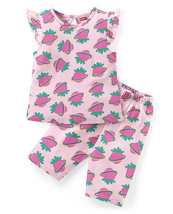 Babyhug Cotton Knit Flutter Sleeves Capri Night Suit With Strawberry Print - Pink