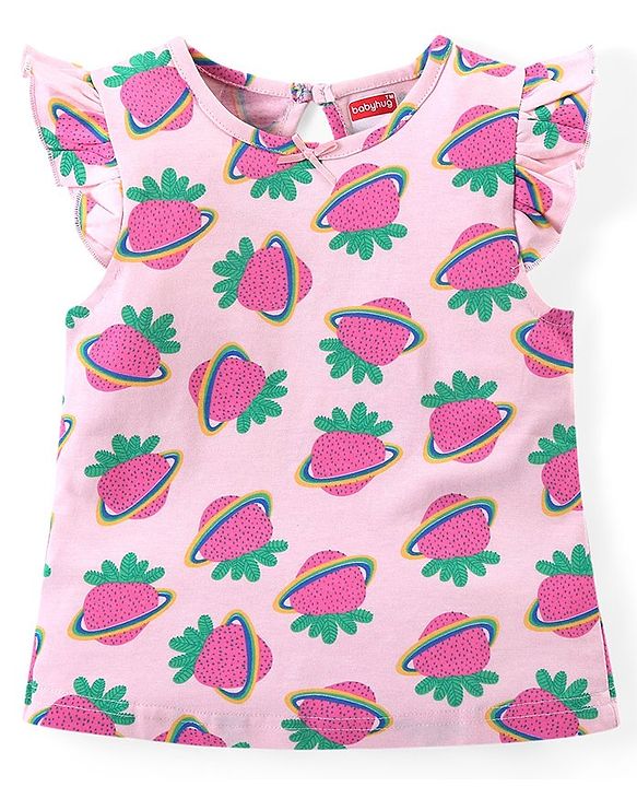 Babyhug Cotton Knit Flutter Sleeves Capri Night Suit With Strawberry Print - Pink