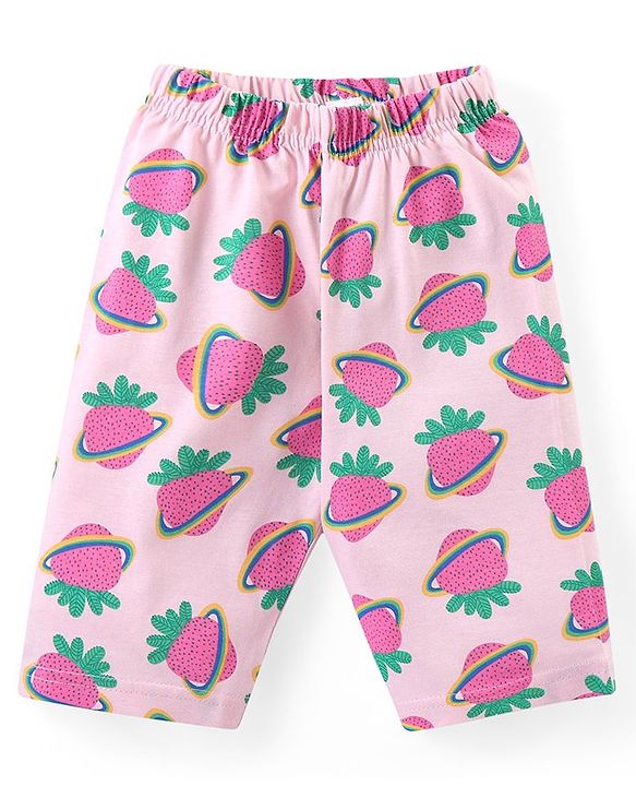 Babyhug Cotton Knit Flutter Sleeves Capri Night Suit With Strawberry Print - Pink