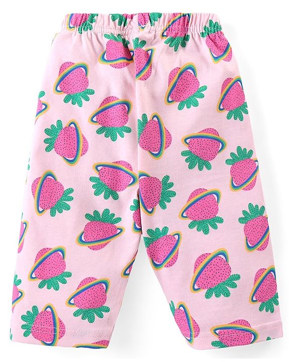 Babyhug Cotton Knit Flutter Sleeves Capri Night Suit With Strawberry Print - Pink