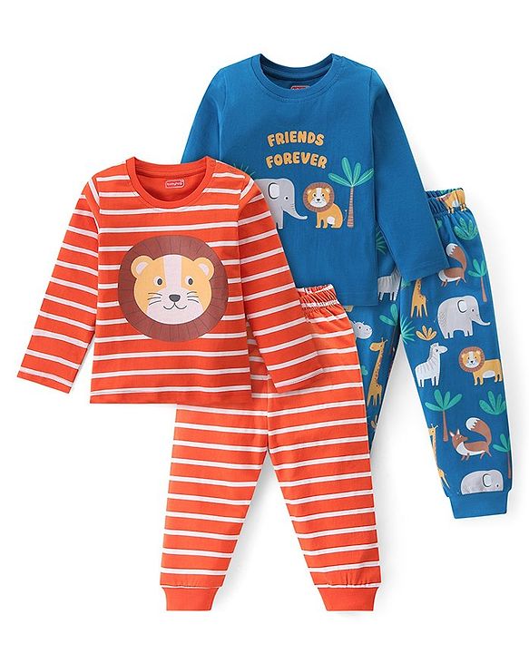 Babyhug Cotton Knit Full Sleeves Night Suit With Stripes & Animal Print Pack Of 2 - Multicolor