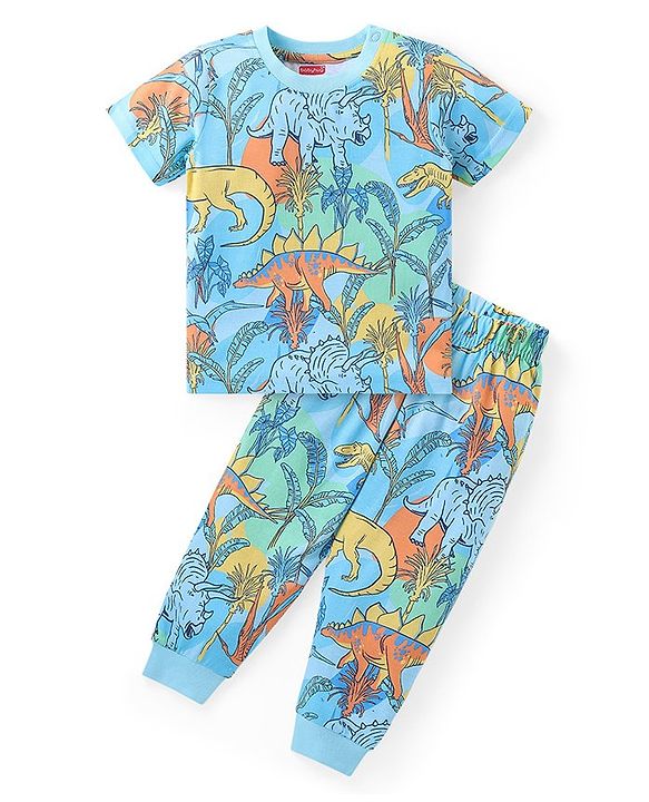 Babyhug Cotton Knit Half Sleeves Night Suit With Dinosaurs Print - Blue