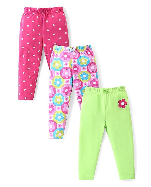Babyhug Cotton Lycra Full Length Skinny Fit Leggings Floral & Polka Dot Print Pack of 3 - Dark Pink White & Light Green