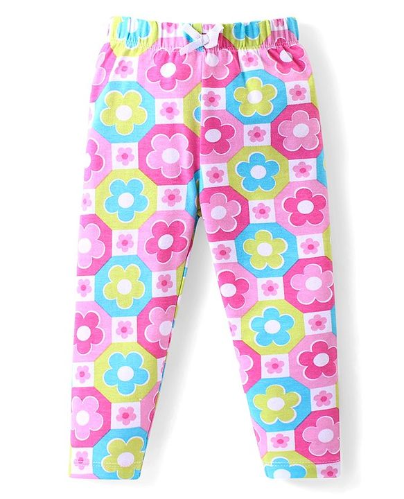 Babyhug Cotton Lycra Full Length Skinny Fit Leggings Floral & Polka Dot Print Pack of 3 - Dark Pink White & Light Green