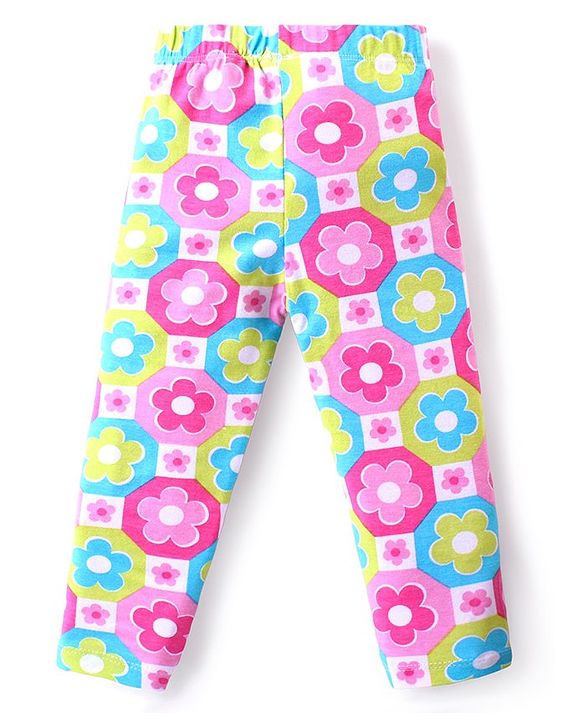 Babyhug Cotton Lycra Full Length Skinny Fit Leggings Floral & Polka Dot Print Pack of 3 - Dark Pink White & Light Green
