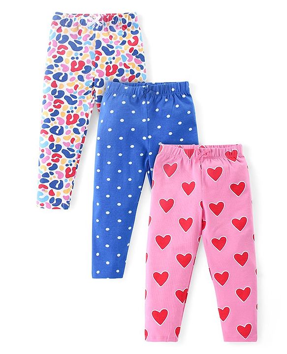Babyhug Cotton Lycra Knit Full Length Leggings with Heart & Polka Dots Print Pack of 3 - Blue & Pink