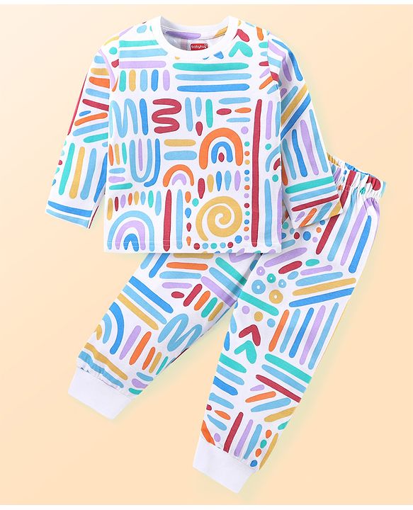 Babyhug Cotton Knit Full Sleeves Printed Night Suit  - White