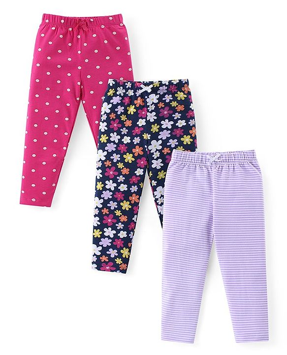 Babyhug Cotton Lycra Full Length Leggings Floral & Polka Dots Print Pack of 3 - Multicolour
