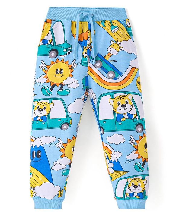 Babyhug Cotton Terry Knit Sun Printed Full Length Lounge Pant - Blue