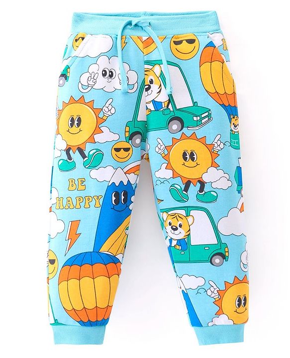 Babyhug Cotton Knit Full Length Lounge Pants With Animals & Vehicles Print - Light Blue