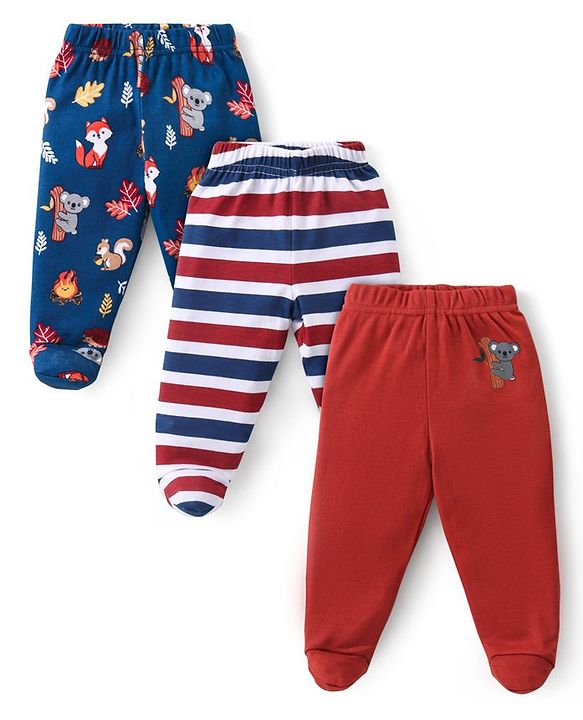 Babyhug Interlock Cotton Knit Striped Footed Bootie Leggings with Koala Bear Print Pack of 3 - Multicolour