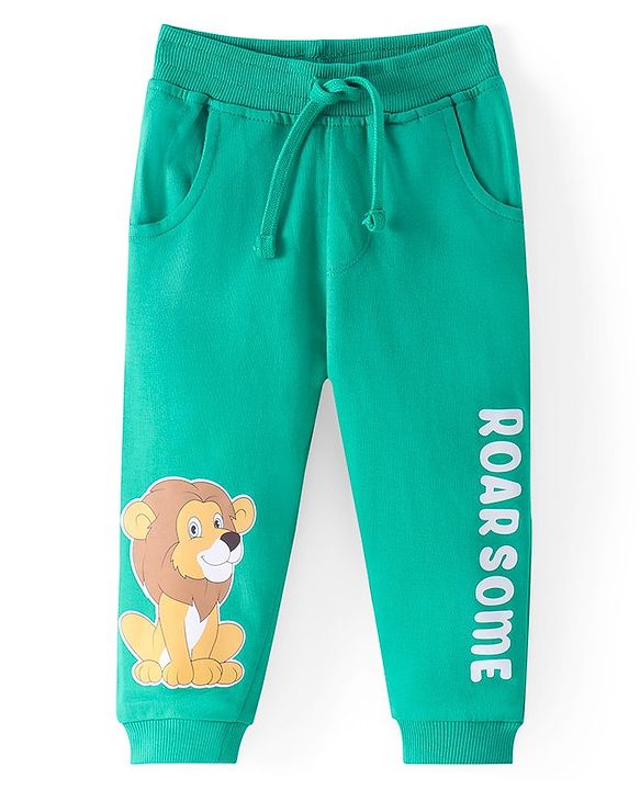 Babyhug Cotton Terry Full Length  Lounge Pant with Animal & Text Print - Green