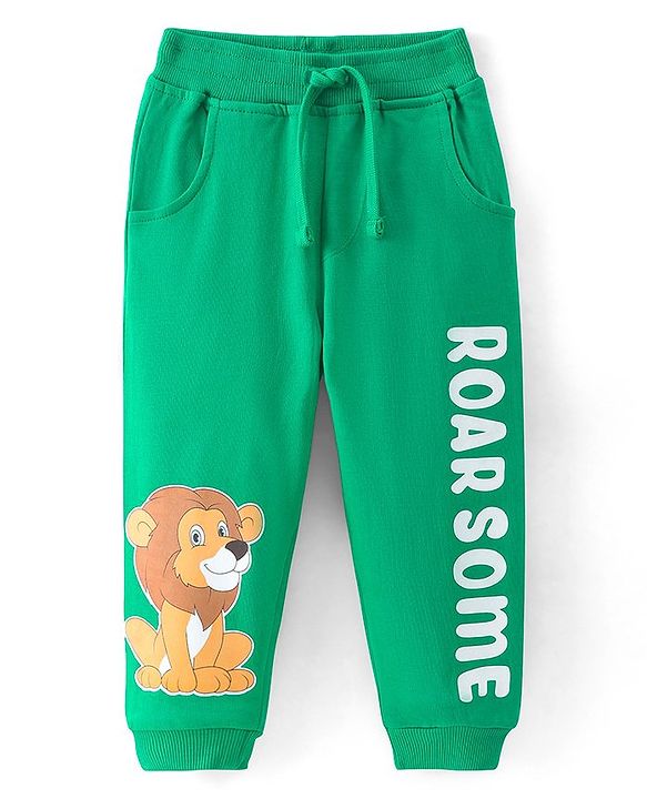 Babyhug Cotton Terry Full Length Lounge Pants with Lion & Text Print - Green