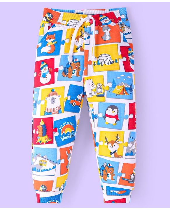 Babyhug Cotton Knit Full Length Lounge Pants With Animals Print - Blue