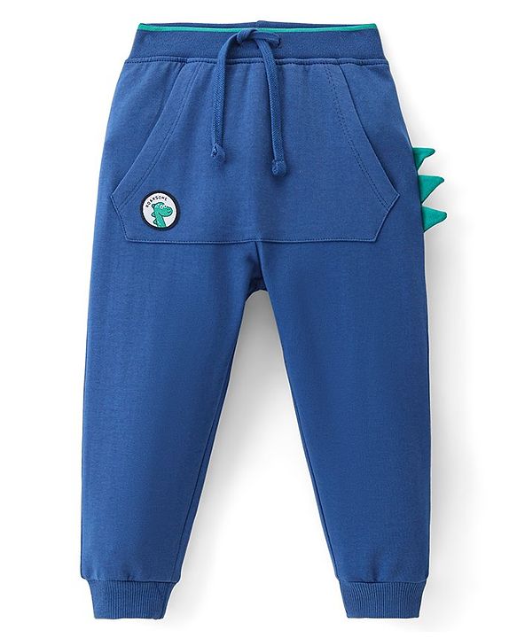 Babyhug Cotton Terry Knit Full Length Lounge Pant with Dino Applique - Blue