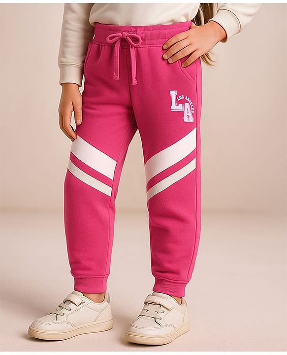Babyhug Cotton Knit Full Length Lounge Pants With Text Print - Dark Pink