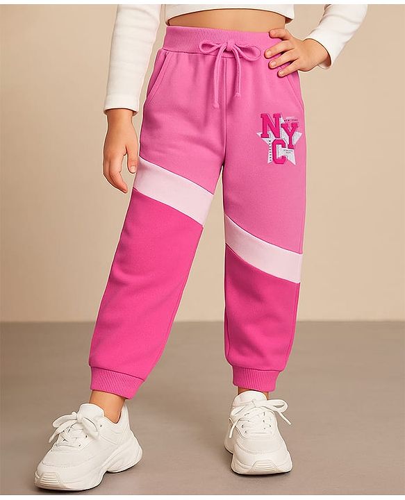 Babyhug Cotton Knit Full Length Lounge Pants With  Text Print - Pink