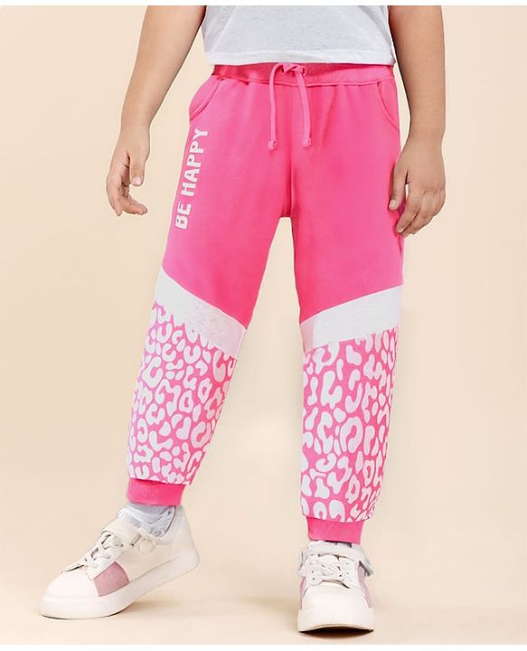 Babyhug Cotton Knit Full Length Lounge Pants With Text Print - Dark Pink