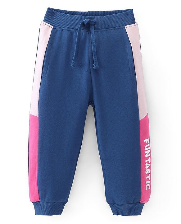 Babyhug Cotton Terry Full Length Lounge Pant with Side Text Print - Navy