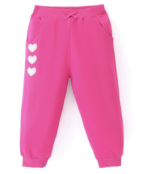 Babyhug Cotton Knit Full Length Lounge Pants With Hearts Applique - Dark Pink