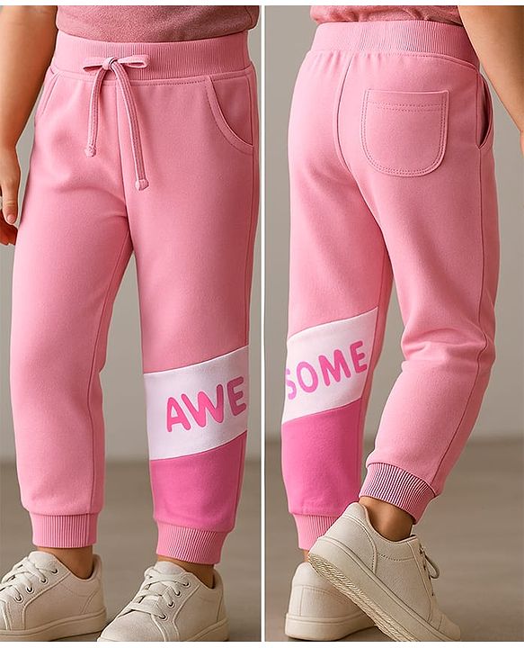 Babyhug Cotton Knit Full Length Lounge Pants With  Text Print - Pink
