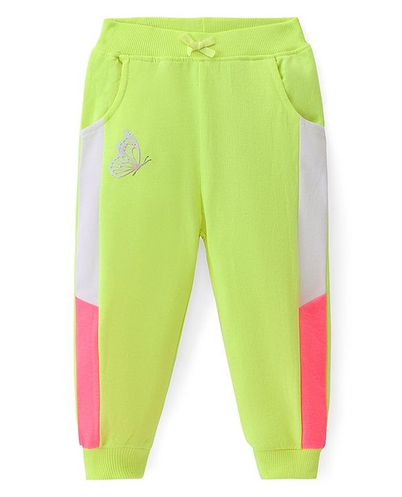 Babyhug Cotton Terry Full Length Lounge Pants with Butterfly Patch - Lime