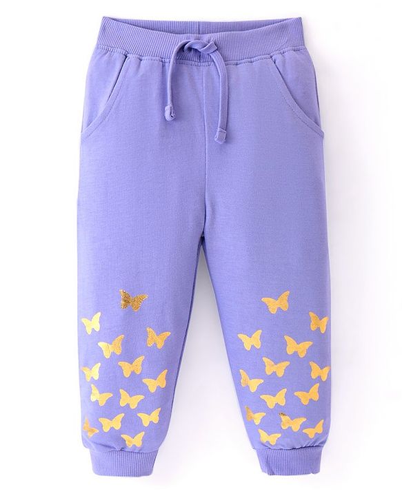Babyhug Cotton Knit Full Length Lounge Pants With Butterflies Print - Lilac