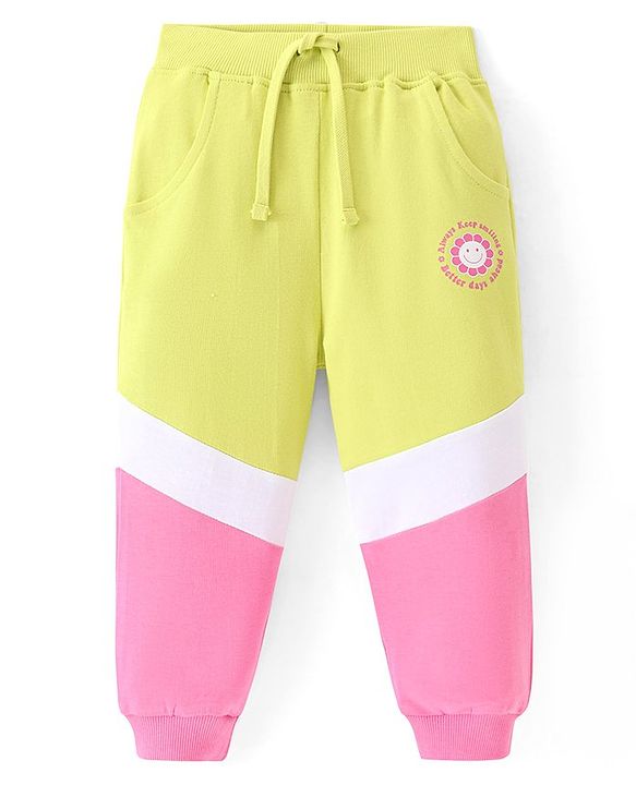 Babyhug Cotton Terry Full Length Lounge Pant with Floral & Text  Print - Pink