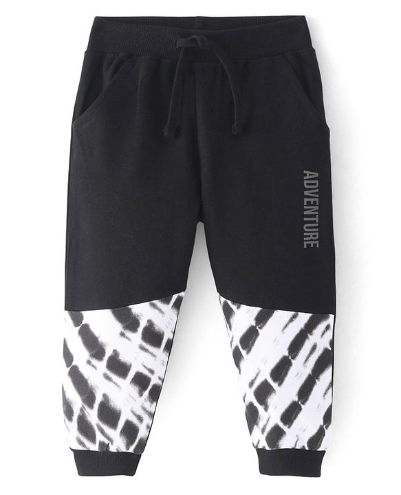 Babyhug Cotton Knit Full Length Lounge Pant Cut & Sew Design with Text Print - Black