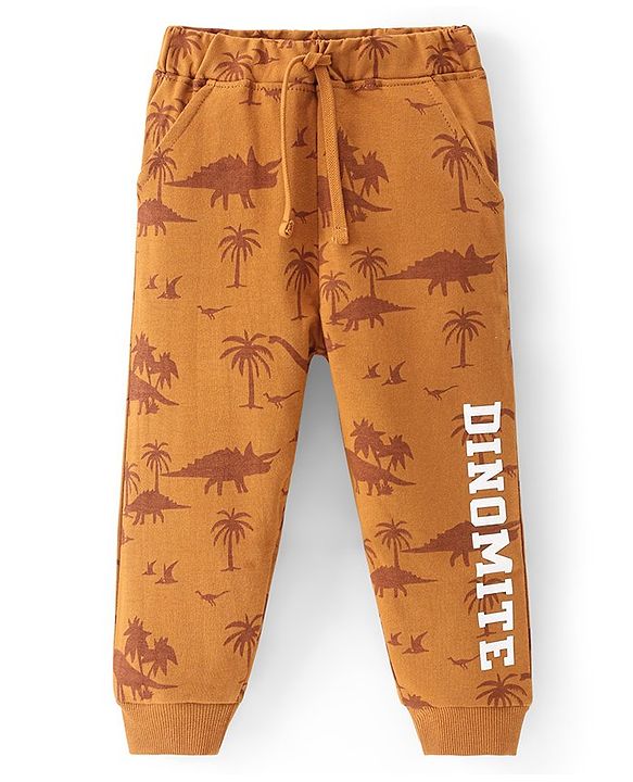 Babyhug Cotton Terry Full Length  Lounge Pant with Dino & Text print - Rust