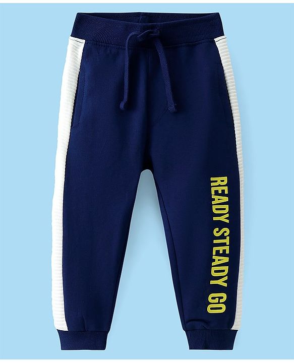Babyhug Cotton Terry Knit Full Length Lounge Pant with Text Print - Navy Blue